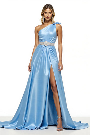 Robe longue de bal en satin bleu scintillant avec fente